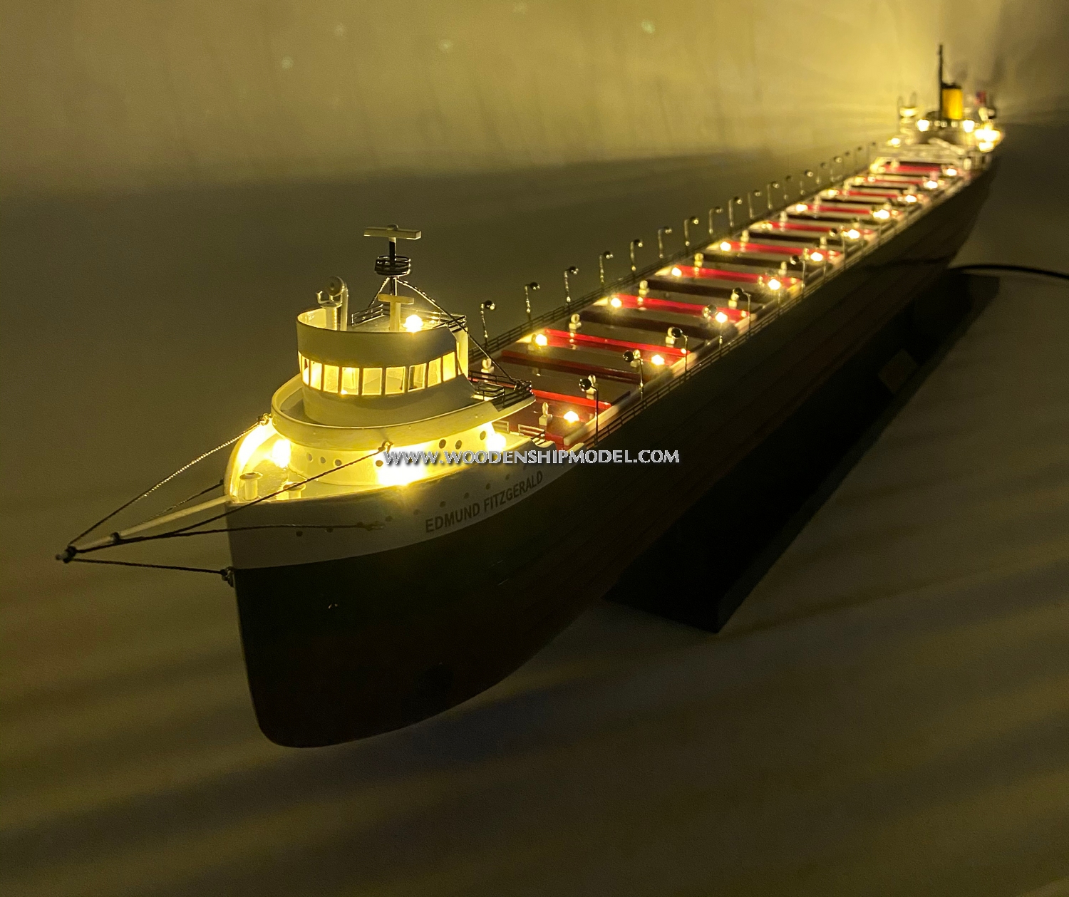 SS Edmund Fitzgerald was an American Great Lakes freighter that sank in a Lake Superior storm on November 10, 1975, with the loss of the entire crew of 29. When launched on June 8, 1958, she was the largest ship on North America's Great Lakes, and she remains the largest to have sunk there. tanker model freighter SS Edmund Fitzgerald, ship model Edmund Fitzgerald, model ship Edmund Fitzgerald, SS Edmund Fitzgerald American Great Lakes Freighter Cargo Ship 40 inch, display freighter model SS Edmund Fitzgerald, Canada freighter model ship, great lake freighter  model ship for display, wooden ship model SS Edmund Fitzgerald, wooden boat model SS Edmund Fitzgerald, wooden model boat, Model Tanker freighter cargo SS Edmund Fitzgerald, Jahre Viking, Knock Nevis, algocanada ship model, model ship algocanada, algo canada ship