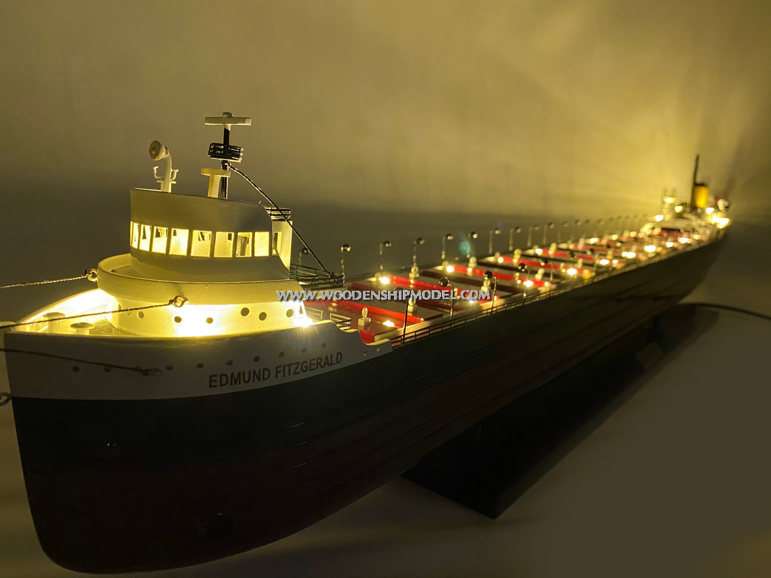 SS Edmund Fitzgerald was an American Great Lakes freighter that sank in a Lake Superior storm on November 10, 1975, with the loss of the entire crew of 29. When launched on June 8, 1958, she was the largest ship on North America's Great Lakes, and she remains the largest to have sunk there. tanker model freighter SS Edmund Fitzgerald, ship model Edmund Fitzgerald, model ship Edmund Fitzgerald, SS Edmund Fitzgerald American Great Lakes Freighter Cargo Ship 40 inch, display freighter model SS Edmund Fitzgerald, Canada freighter model ship, great lake freighter  model ship for display, wooden ship model SS Edmund Fitzgerald, wooden boat model SS Edmund Fitzgerald, wooden model boat, Model Tanker freighter cargo SS Edmund Fitzgerald, Jahre Viking, Knock Nevis, algocanada ship model, model ship algocanada, algo canada ship