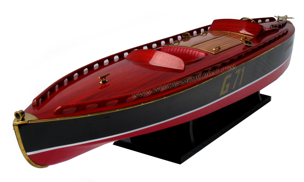 Rainbow IV  bow to stern, Rainbown IV classic speed boat, RAINBOW IV wooden model boat, Rainbow IV Vietnam handmade model boat, Rainbow IV wooden model speed boat, Rainbown model boat, wooden rainbown model, Rainbown class hydopplane model boat, wooden model boat rainbown for display