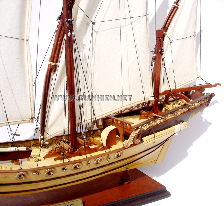 Model Xebec warship hull, stern view